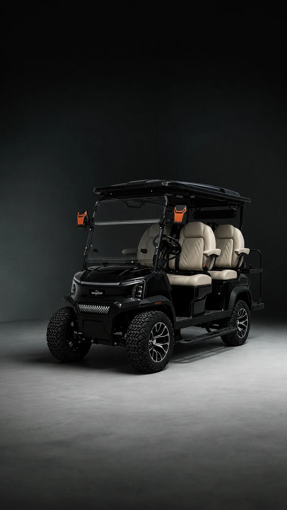 Cortéa Monarch six seat luxury electric golf cart beside waterfront villa