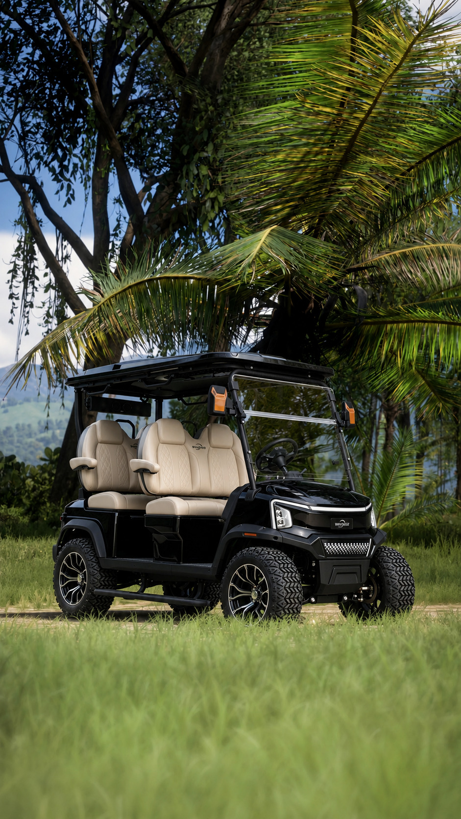 Black Cortéa cart with cream seating in a lush tropical resort landscape