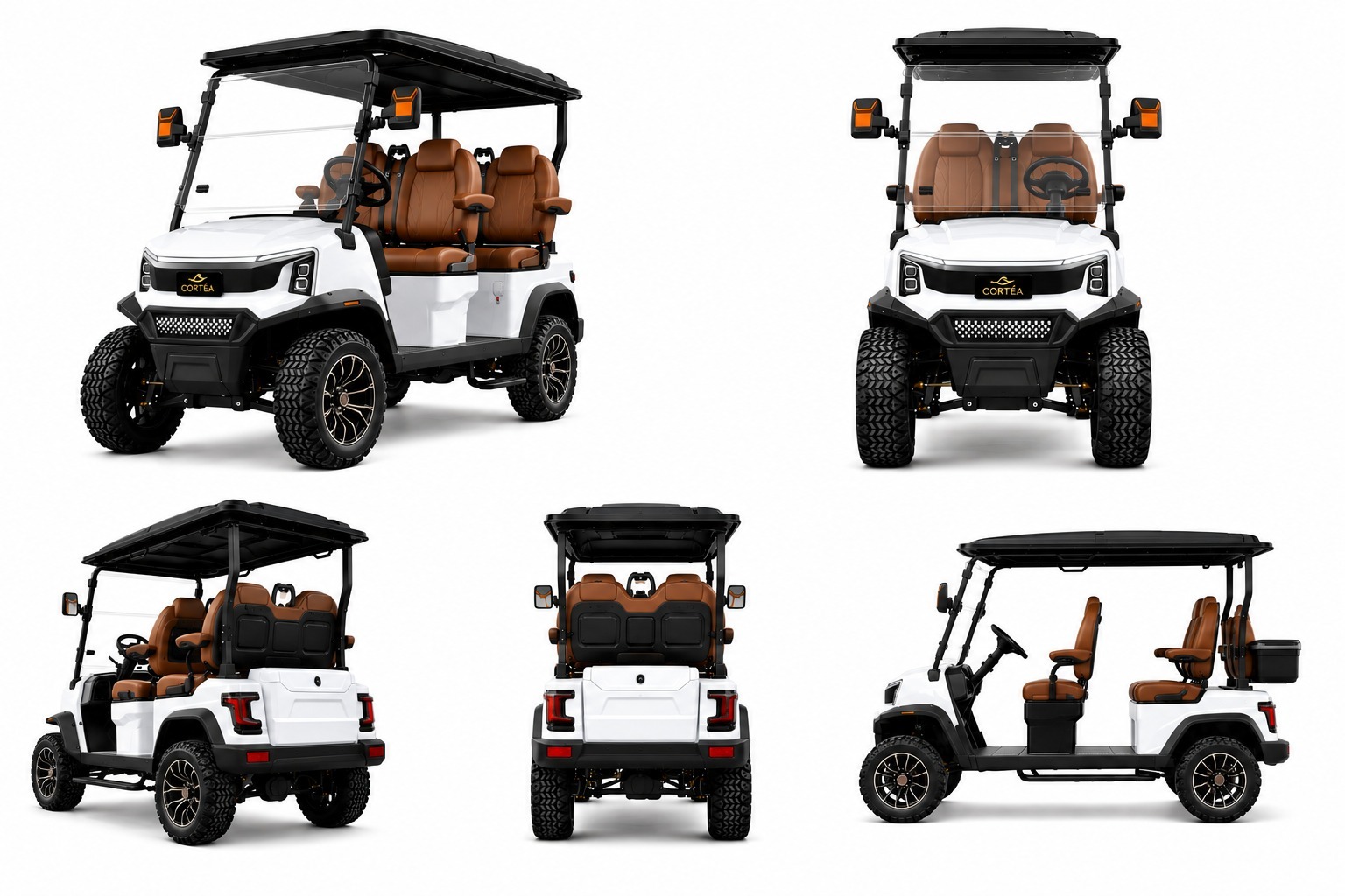 White Cortéa Apex with tan seats shown from five angles