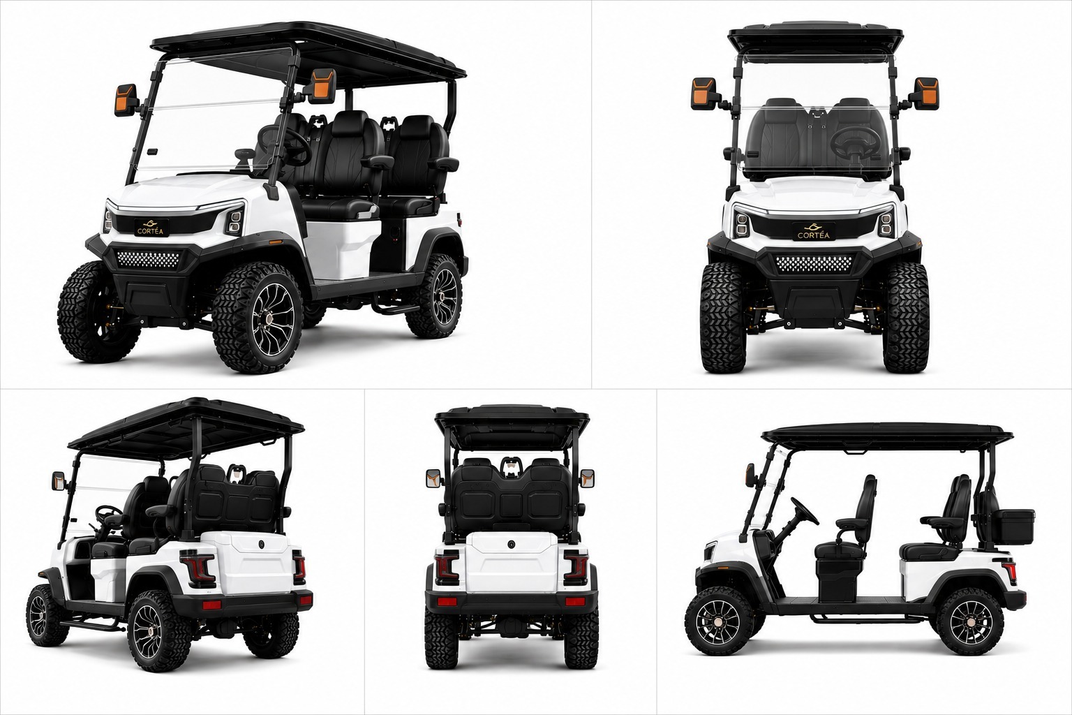 White Cortéa Apex with black seats shown from five angles