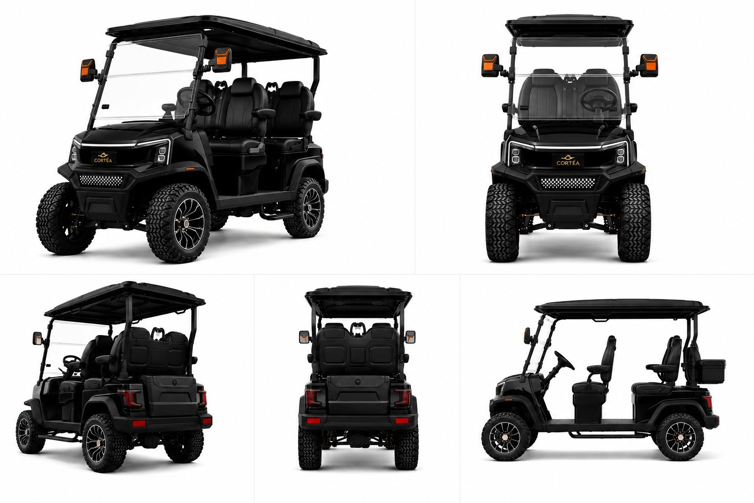 Black Cortéa Apex with black seats shown from five angles