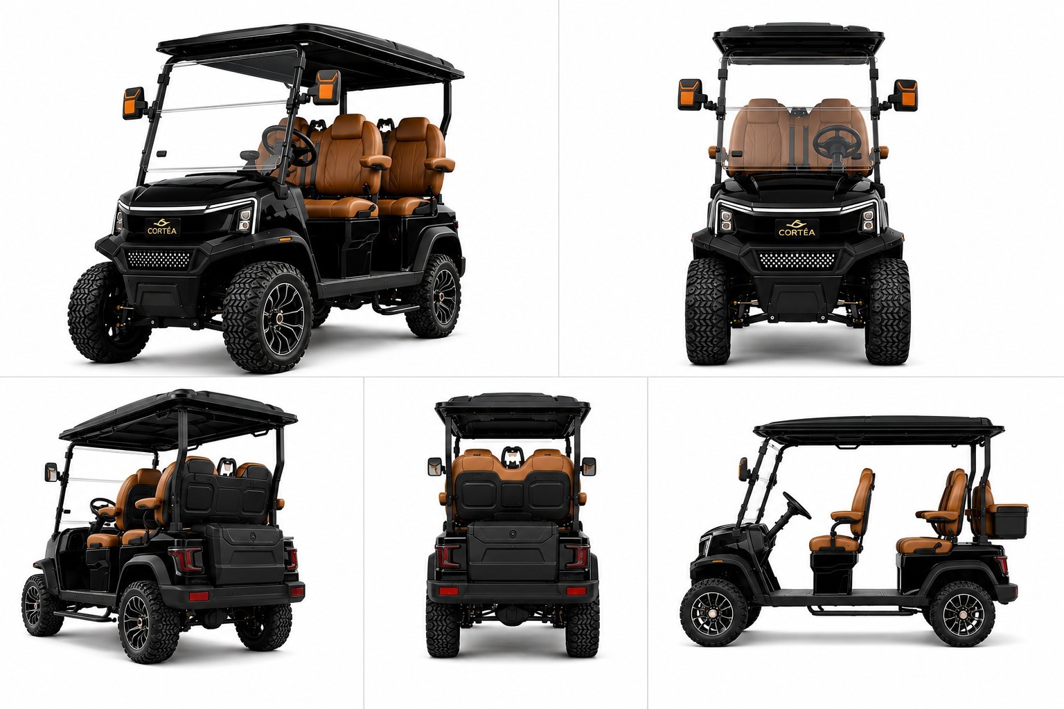 Cortéa Apex black exterior with tan seating shown from five angles